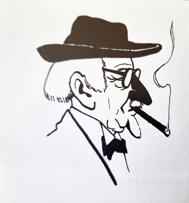 Mustavalkoinen piirros miehestä, jolla on lasit, hattu ja sikari.